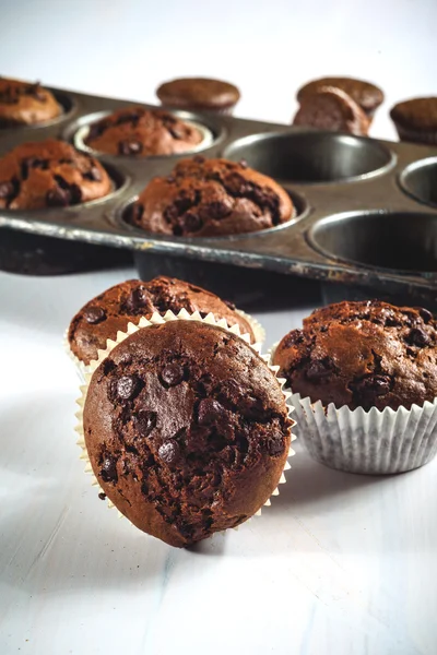 Çikolata parçalı kurabiye kek eski vintage formu. — Stok fotoğraf