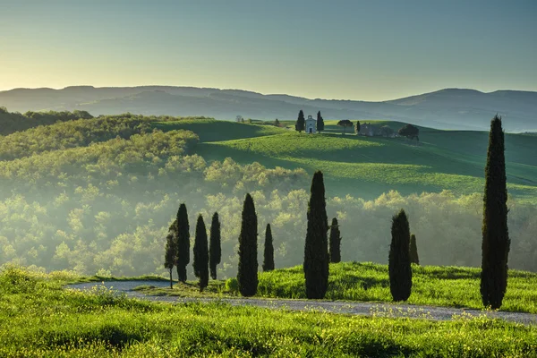 Toscaanse paden met velden en cipressen — Stockfoto