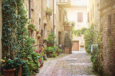 Büyülü küçük bir kasabada bir yağmurlu bahar gününde çiçekli sokak