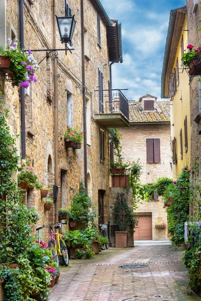 Büyülü küçük bir kasabada bir yağmurlu bahar gününde çiçekli sokak