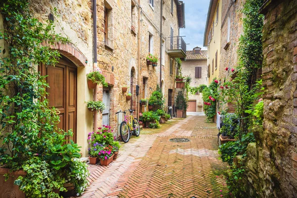 Strade fiorite in una piovosa giornata primaverile in un piccolo villaggio magico — Foto Stock