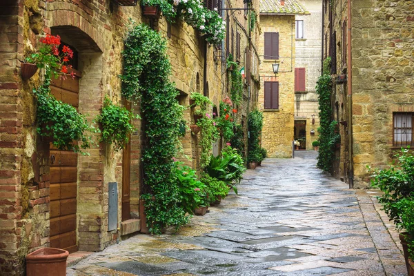 Flowery streets on a rainy spring day in a small magical village Royalty Free Stock Photos