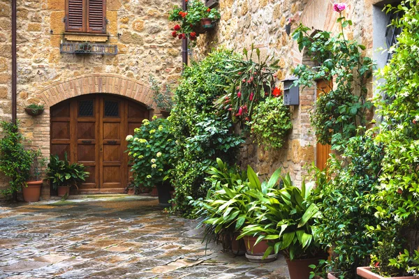 Flowery streets on a rainy spring day in a small magical village — Stock Photo, Image