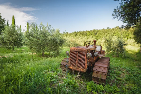 Viejo tractor oxidado descuidado bajo el árbol — Foto de Stock