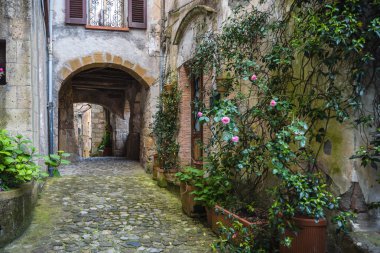 Bahar Tuscan şehrin sokaklarında. Renkli çiçekler açar bir