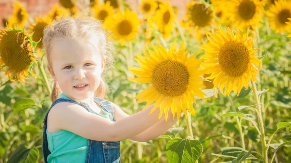 Beautiful girl plays with the sunflowers in a summer day — Stock Photo, Image