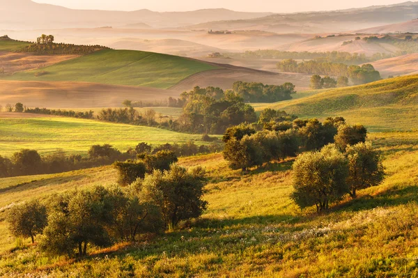 Ländliche Landschaft der Toskana an einem nebligen, sonnigen Morgen — Stockfoto