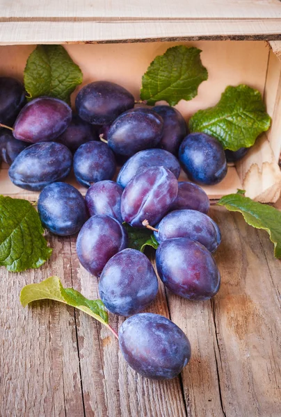 Prunes douces sur une table rustique en bois en arrière-plan — Photo