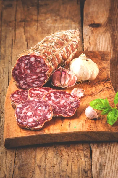 Sausage salami in a rural setting — Stock Photo, Image