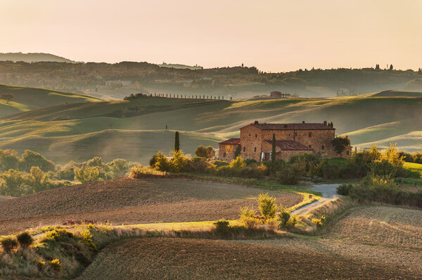 Yellow sunset in amazing Tuscany landscape