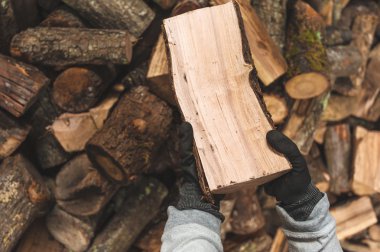 Firewood in a piece of wood stored on the stack, hands holding a
