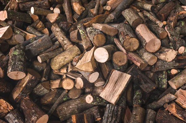 Leña en un trozo de madera almacenada en la pila, manos sosteniendo una — Foto de Stock