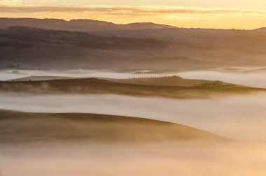 Muhteşem Tuscan manzara sis ve risin ışık