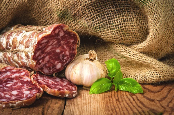 Sausage salami in a rural setting — Stock Photo, Image