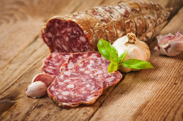 Sausage salami in a rural setting — Stock Photo, Image