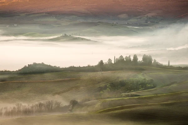 Fantástico paisaje toscano en la niebla y la luz del risín — Foto de Stock