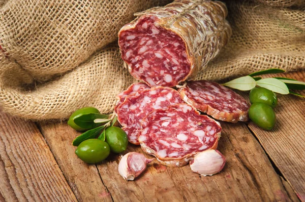 Sausage salami in a rural setting — Stock Photo, Image
