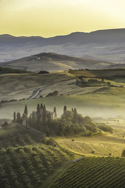 Mooi licht van de ochtendzon in het Toscaanse landschap — Stockfoto