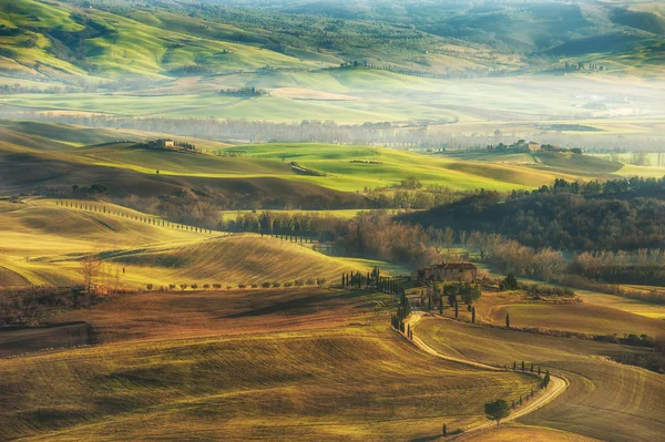 Fantástico paisaje pintado de luz en Toscana con largas sombras — Foto de Stock