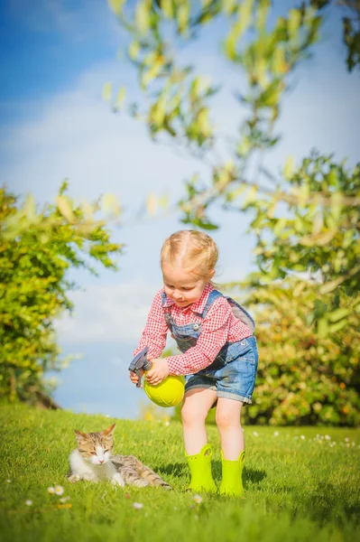 Little Girl and cat play on a green meadow in spring beautiful d — Stock Photo, Image