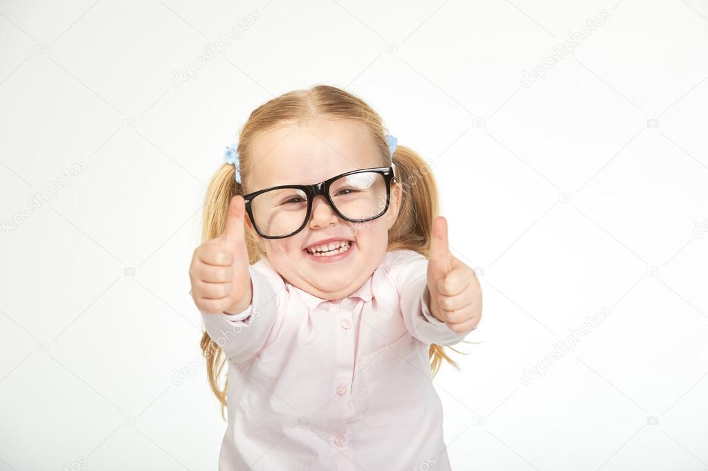 Cute little girl with glasses on a white background
