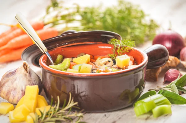 Rural vegetarische bouillon soep met kleurrijke groenten en rustieke — Stockfoto