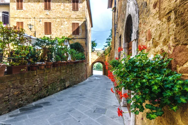 Calle con flores en la ciudad medieval toscana . — Foto de Stock