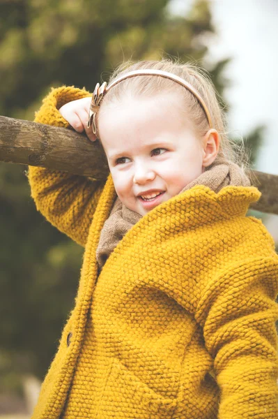 Sorridente bambina su una recinzione di legno — Foto Stock