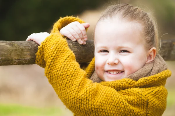 Niña sonriente en una valla de madera — Foto de Stock