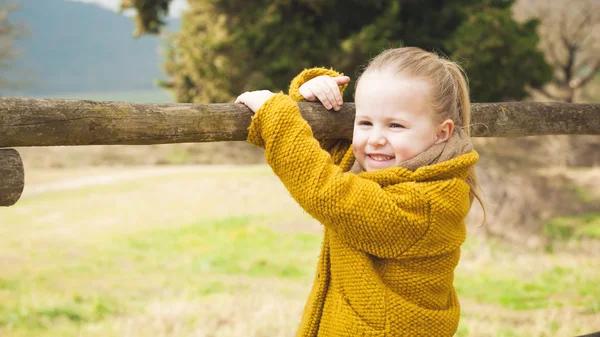 Sorridente bambina su una recinzione di legno — Foto Stock
