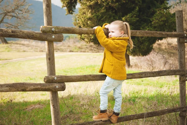 Usměvavá holčička na dřevěný plot — Stock fotografie