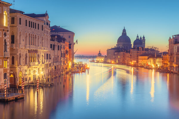 The beautiful night view of the famous Grand Canal in Venice, It