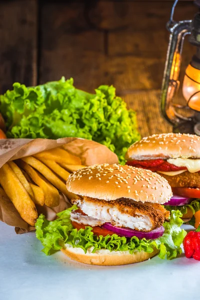 Lahodné rybí burger s čerstvou zeleninou a smaženými hranolky — Stock fotografie
