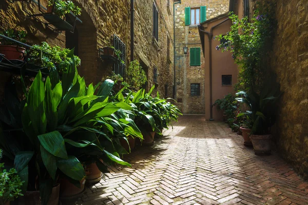 Piękne uliczki średniowiecznej wioski Toskanii we Włoszech, Pienz — Zdjęcie stockowe