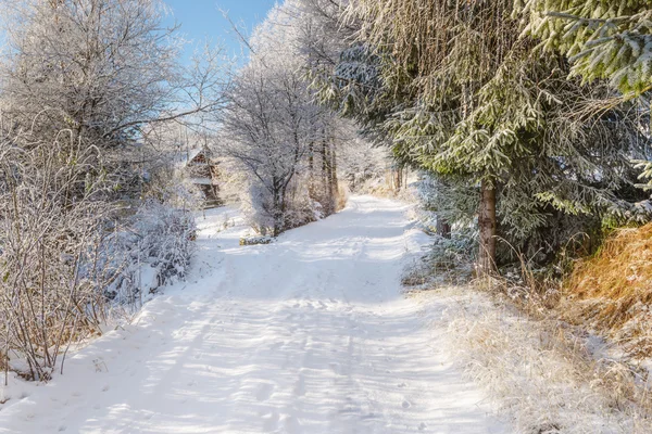 Estrada de neves nas montanhas em um dia ensolarado e frio — Fotografia de Stock