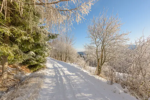 Estrada de neves nas montanhas em um dia ensolarado e frio — Fotografia de Stock