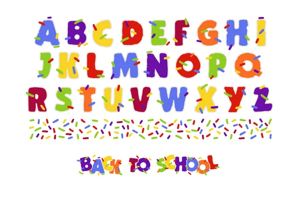 Alfabe. Çizgi film tarzında çocuk yazı tipi. Yazıtlar için renkli parlak harfler. Beyaz arkaplanda ana hatları olan renkli harfler. Alfabenin vektör illüstrasyonu.