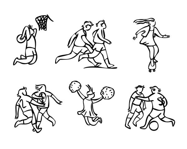 Спорт Школі Набір Піктограм Спортивного Гравця Лінійне Мистецтво Футбол Бейсбол — стоковий вектор