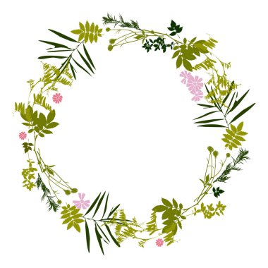 Çiçek çerçevesi. Çiçekli yeşil çelenkler. Orman bitkileri ve çelenk şeklinde dizilmiş çiçekler düğün davetiyeleri ve tebrik kartları için idealdir. Çayır otları.