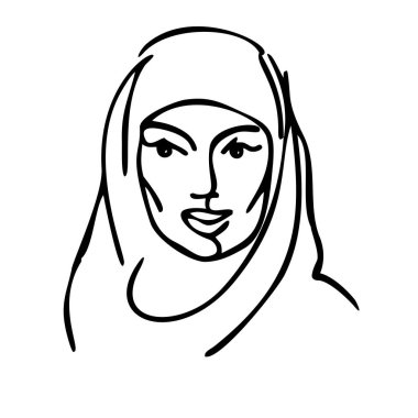 Minimalist tarzda genç bir Müslüman kadının soyut portresi. Doğrusal izole edilmiş illüstrasyon, beyaz arkaplanda siyah çizgiler. Güzel Arap Müslüman kadın.