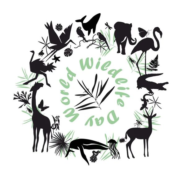 Dünya Vahşi Yaşam Günü, 3 Mart. Tasarım, kart, afiş ve poster için vektör illüstrasyonu. Siyah beyaz grafiklerle hayvan siluetleri.