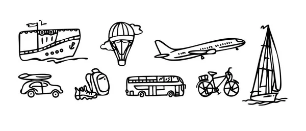 线性旅行和旅游图标 旅游和旅行交通 自行车 公共汽车 涂鸦风格 — 图库矢量图片