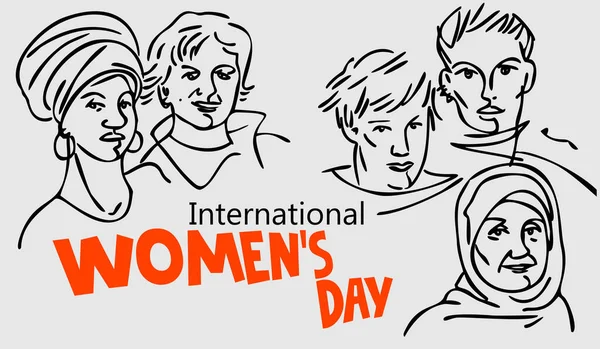 国际妇女节横幅 来自世界各地的各种各样的女性面孔 一群不同的手绘妇女 黑白矢量草图 — 图库矢量图片