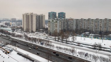 Timiryazevsky bölgesinin en üst noktasından görünüşü. Özel şehir manzarası. 2021 yıl.