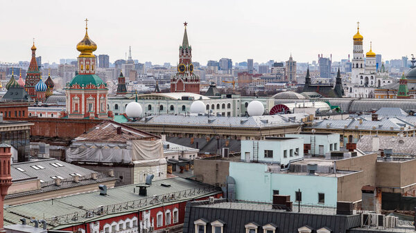 View from the central children's store on Lubyanka to the historic center of Moscow. Specific city landscape from the top point.