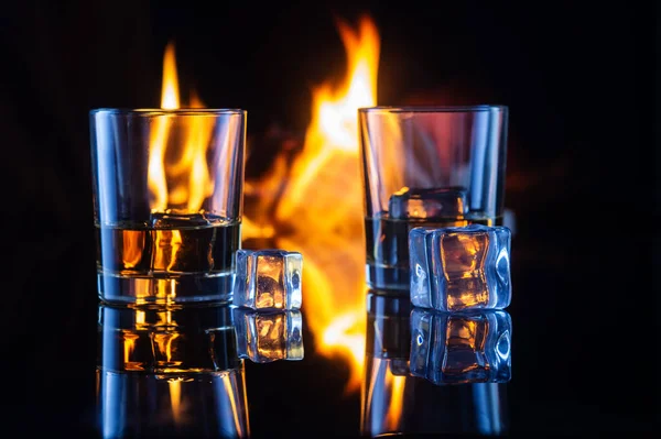 Fire Ice Glass Whiskey Black Background — Stock Photo, Image