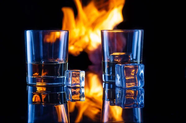 Glass Whiskey Fire Ice Dark Background — Stock Photo, Image