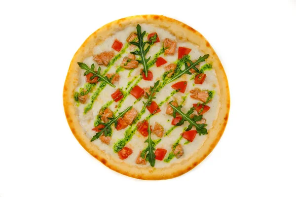 Pizza Mit Lachs Auf Weißem Hintergrund Für Die Speisekarte Des — Stockfoto