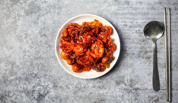 Gri beton masada baharatlı Kore soslu kızarmış kalamar.. 