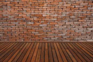 Arka plan için tam kare kırmızı tuğla duvar ve ahşap döşeme dokusu.